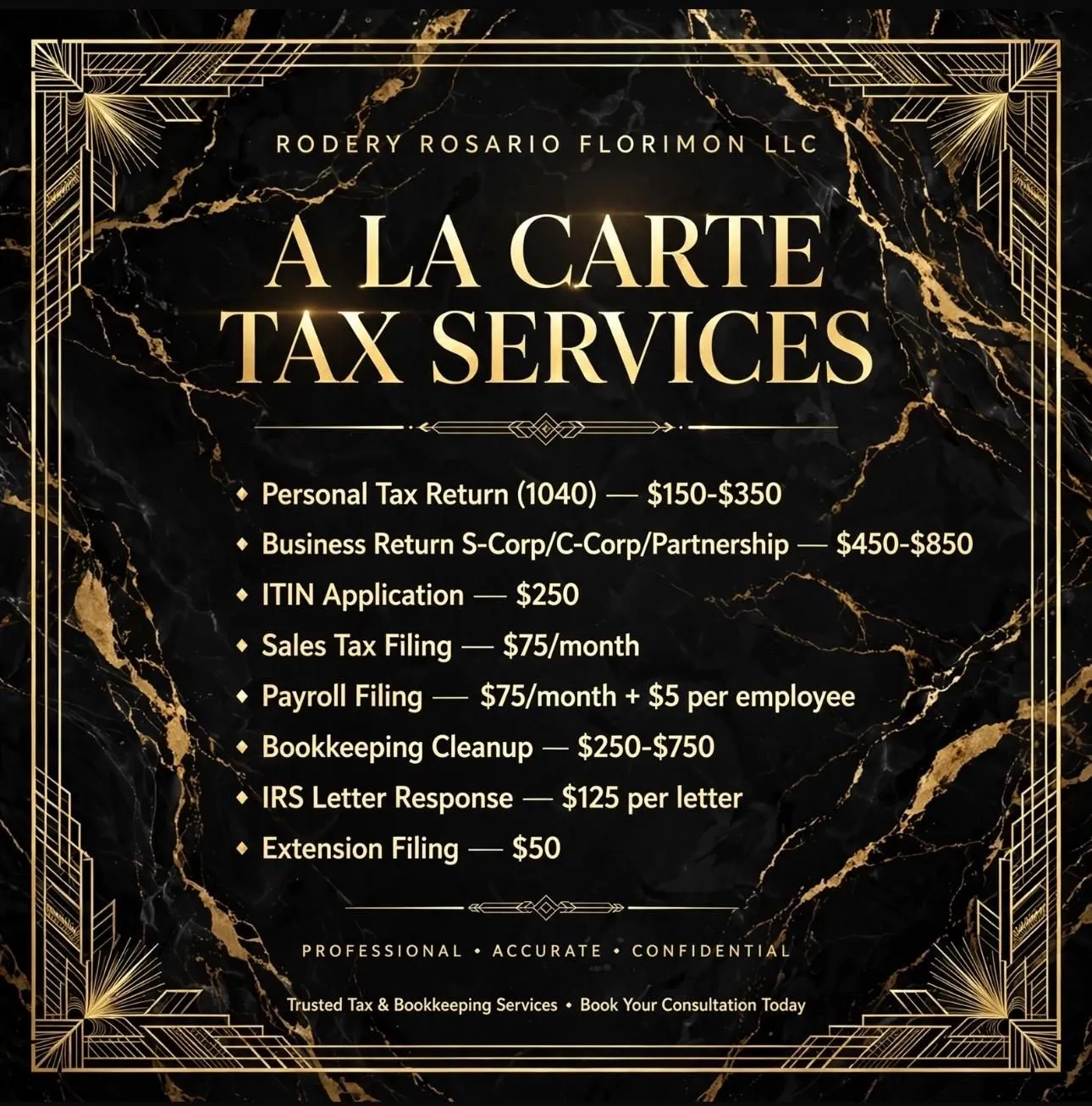 Black-and-gold À La Carte Tax Services artwork with published service pricing.