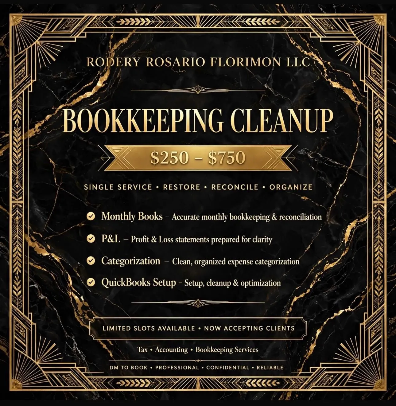 Black-and-gold Bookkeeping Cleanup service artwork showing reconciliation, P&L, categorization, and QuickBooks support.