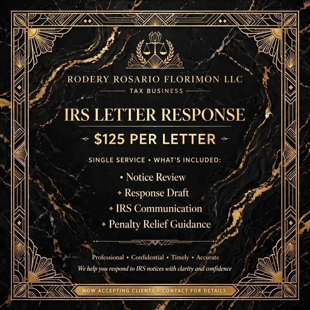 Black-and-gold IRS Letter Response service artwork listing notice review, response-draft support, communication preparation, and penalty-relief guidance.