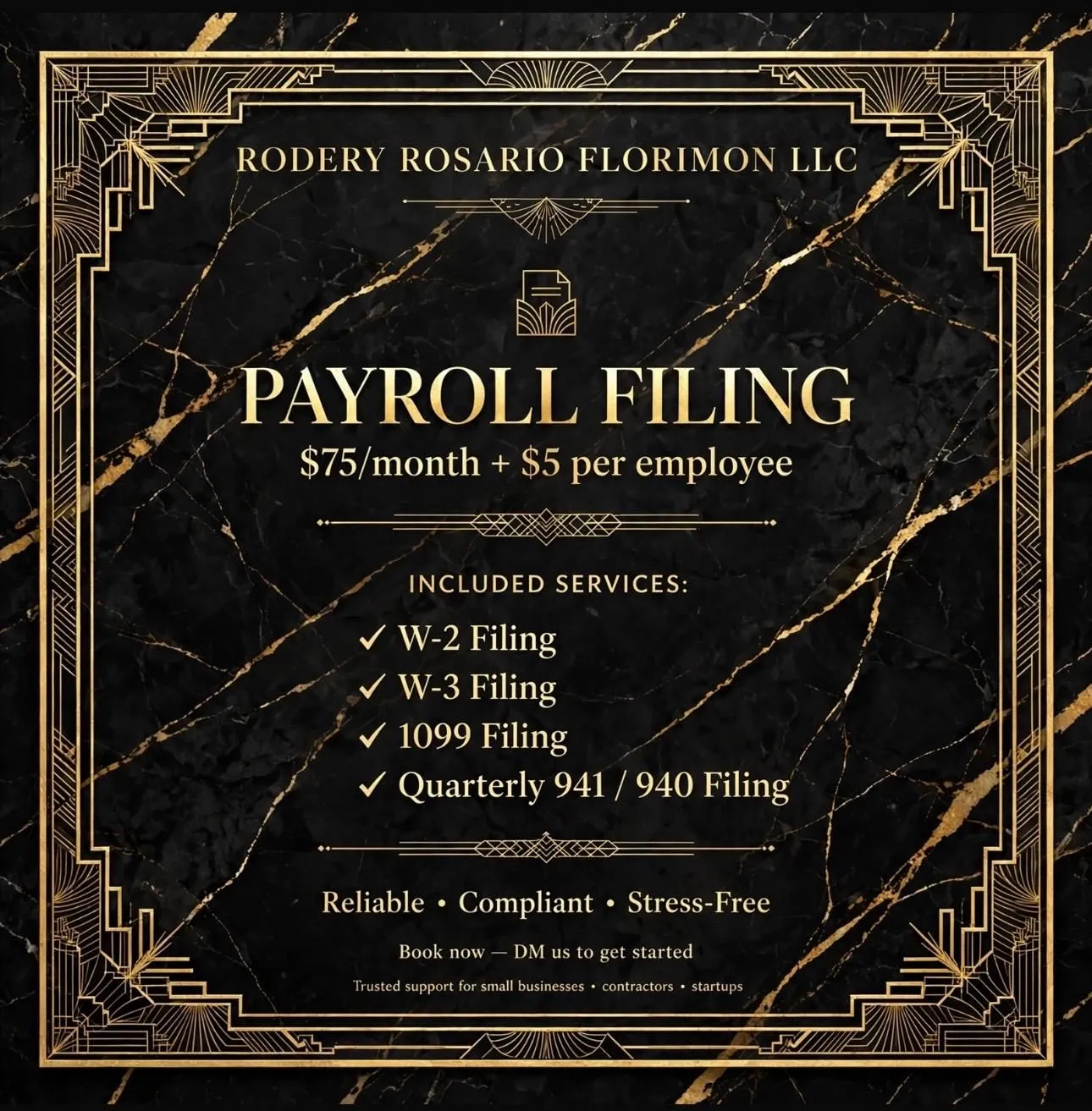 Black-and-gold Payroll Filing service artwork listing monthly and per-employee pricing.
